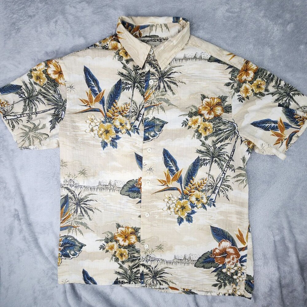 RedHead Hawaiian Shirt Mens L Tropical Floral Tan Blue Palm Trees Short Sleeve